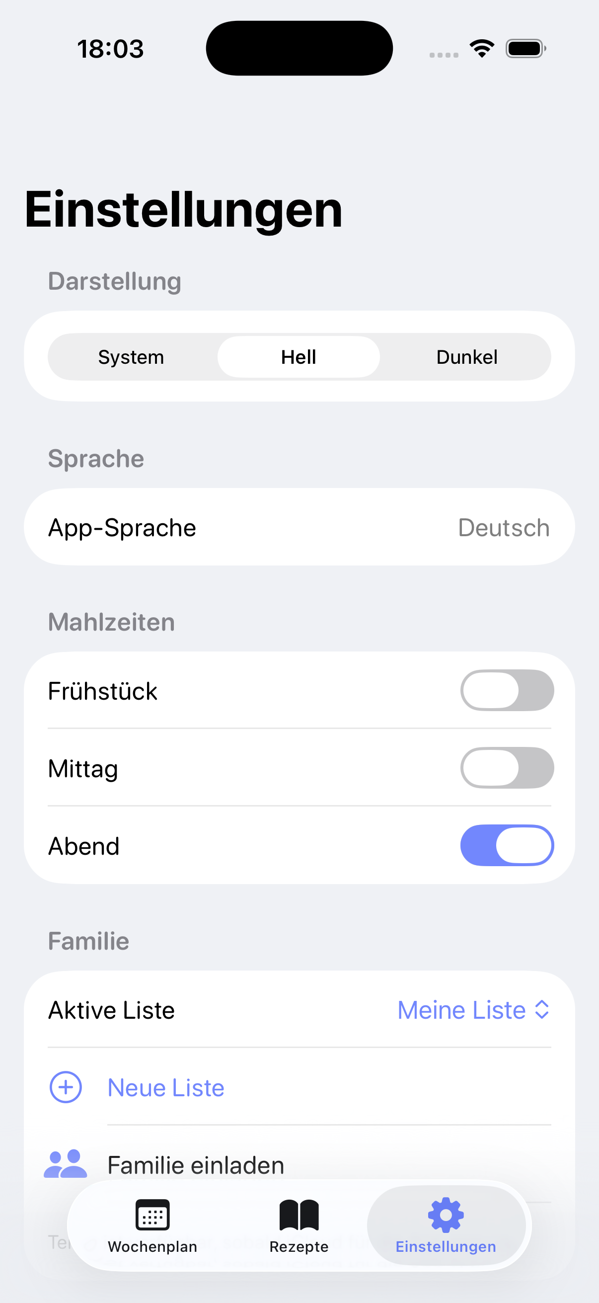 Einstellungen von WasEssen Menüplan