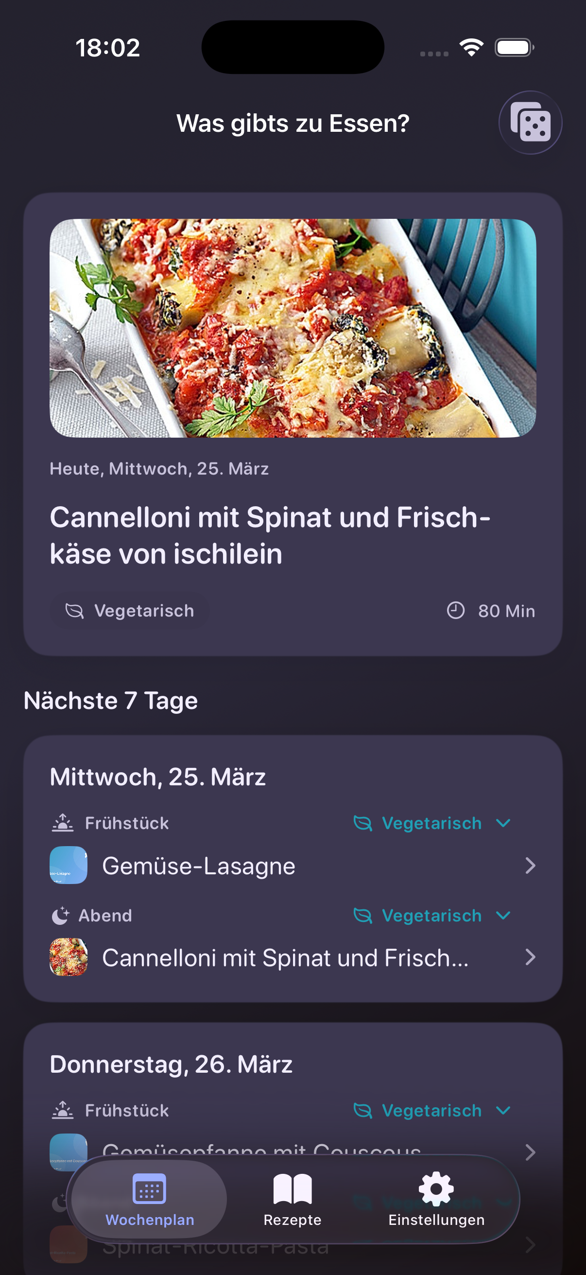 WasEssen Menüplan Startseite in der dunklen Darstellung